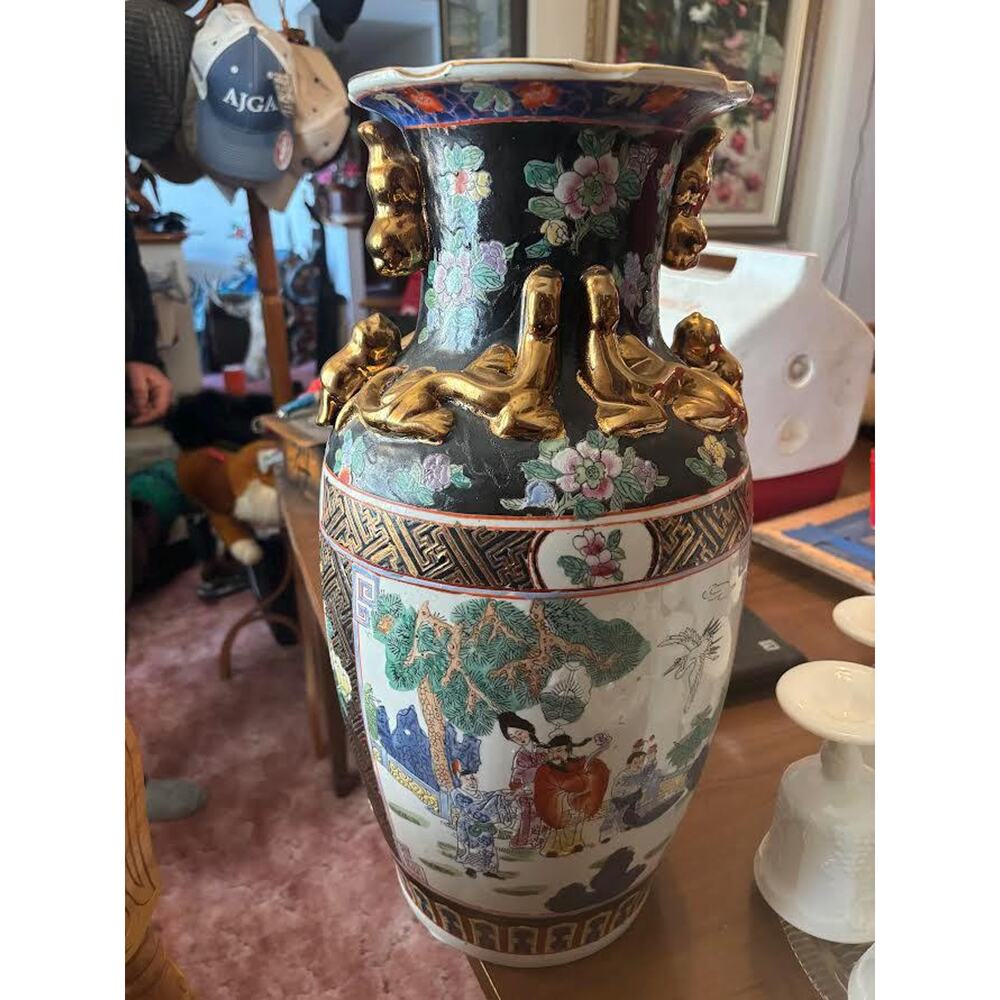 Chinese Artisans Porcelain Vase with Famille Noire Design Double Head Handles